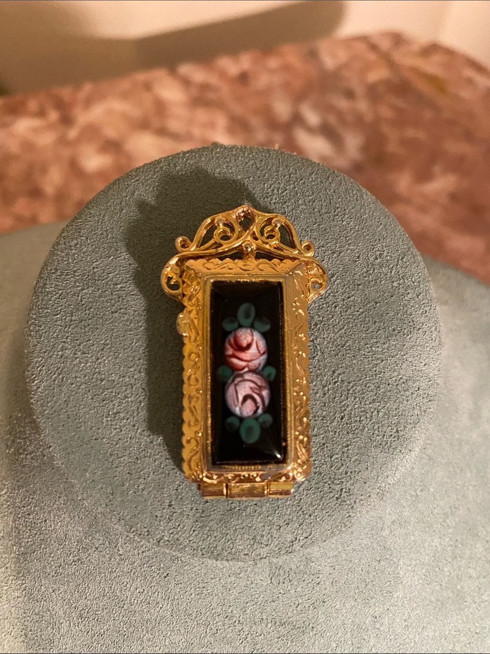 Vintage Goldette Signed Victorian Revival Book Locket Blk/ Pink Gold Tone Enamel